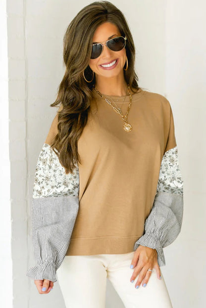 Camel Floral Striped Patchwork Ruffled Sleeve Crew Neck Sweatshirt