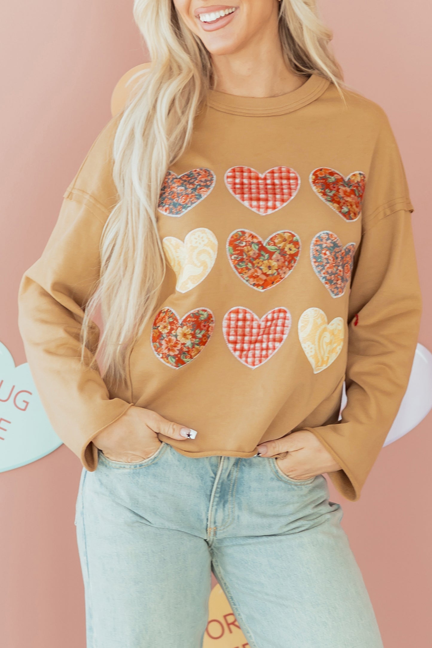 Straw Yellow Plaid Floral Heart Stitched Exposed Seam Mineral Wash Sweatshirt