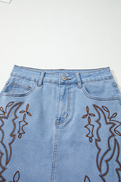 Beau Blue Western Embroidered Denim Mini Skirt