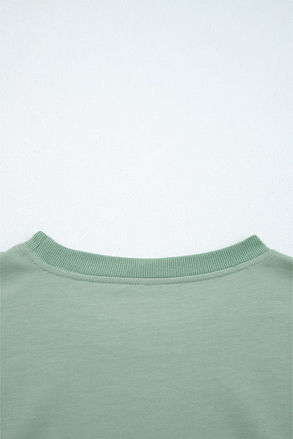 Smoke Green Raw Edge Flower Patch Drop Shoulder Casual Top