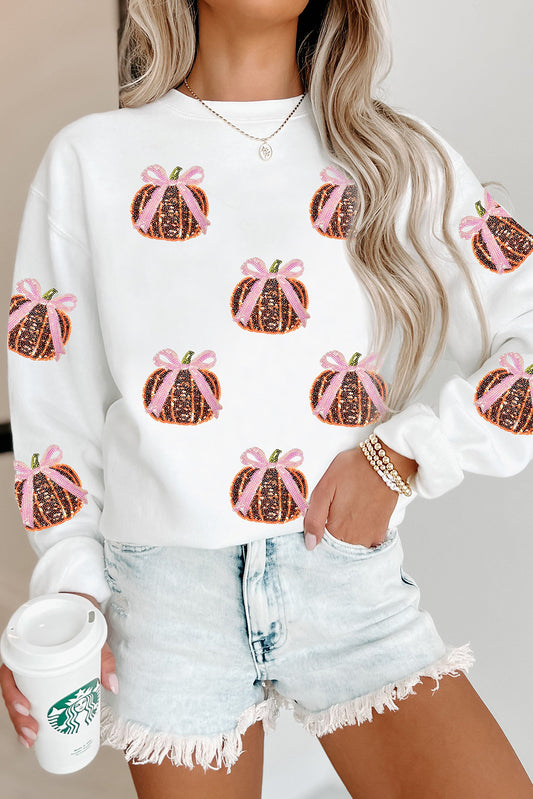 White Sequin Bow Pumpkin Patched Cotton Sweatshirt