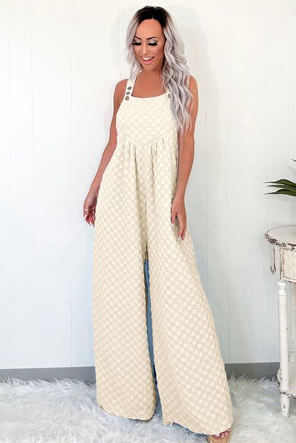 Beige Checkered Pocketed High Waist Wide Leg Overall