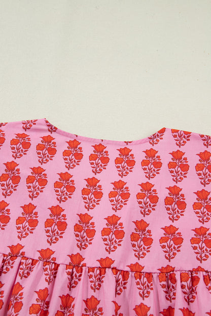 Pink Plus Size Floral Print Tassel Tie Puff Sleeve Cotton Blouse