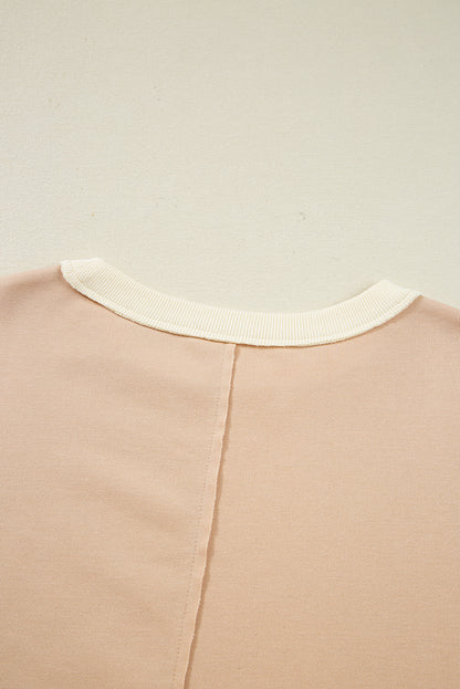 Light French Beige Color Block Textured Patchwork Pullover Sweatshirt