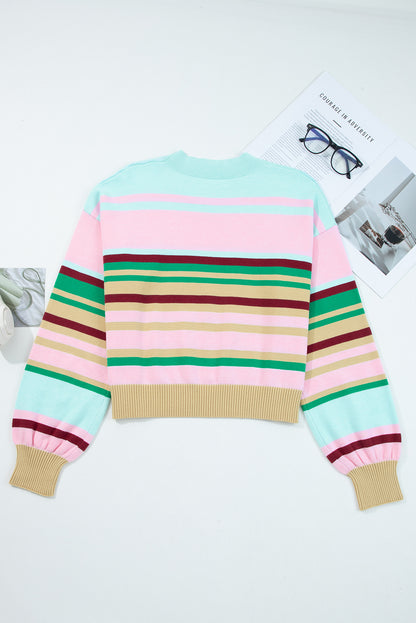 Multicolour Striped Knit Ribbed Trim Boxy Fit Cropped Sweater