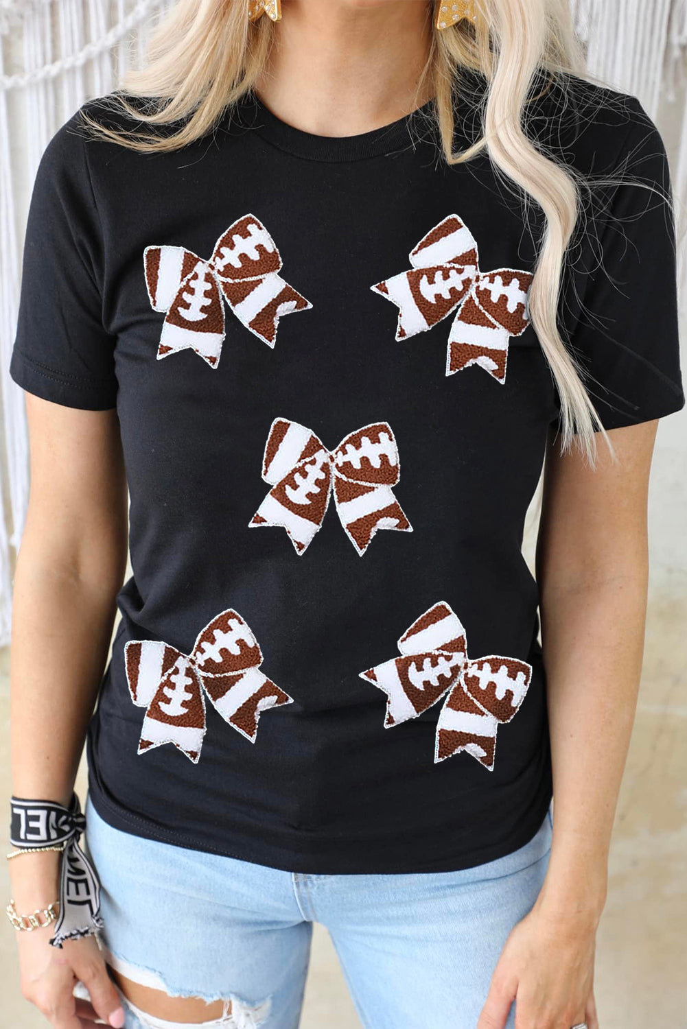Black Football Bowknot Pattern Game Day T Shirt