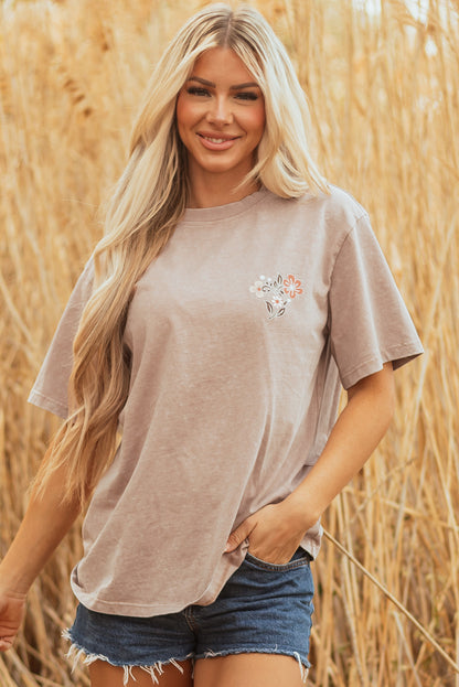 Smoke Gray Mineral Wash Floral Steer Head Printed Back Western Fashion Tee