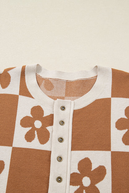 Thai Curry Flower Plaid Henley Baggy Sweater