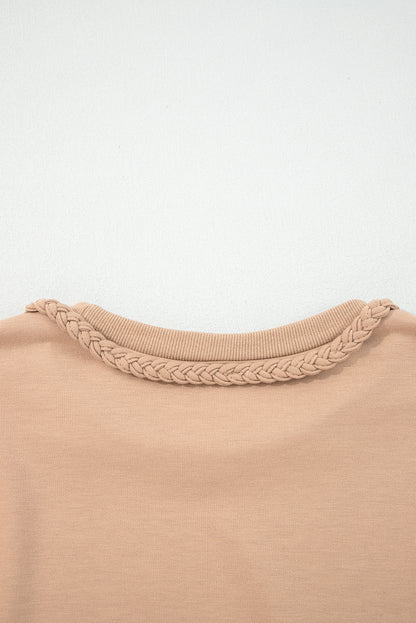 Light French Beige Braided Trim Puff Sleeve Dress