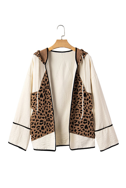 Brown Leopard Star Hooded Patchwork Contrast Piping Open Front Jacket
