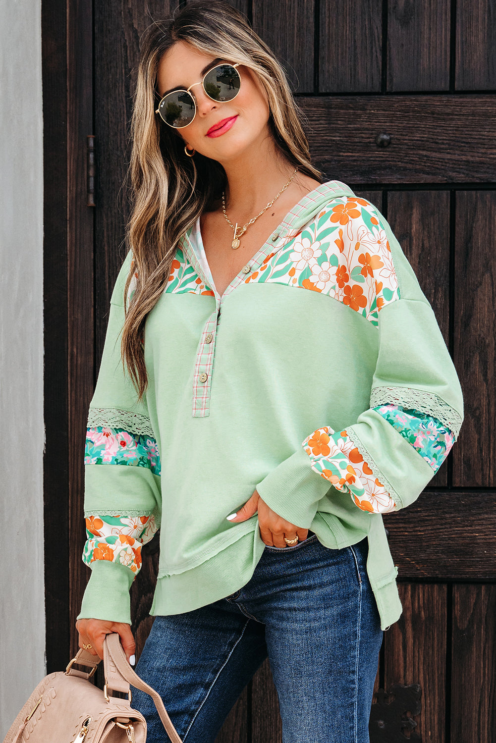 Clearly Aqua Lace Floral Patchwork Half Button Hooded Pullover