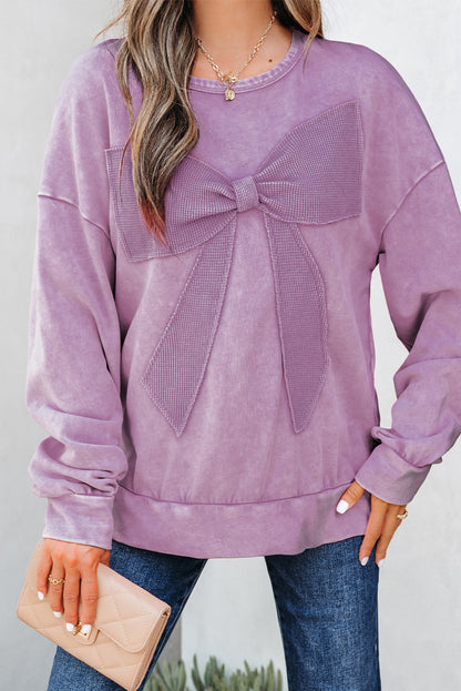 Orchid Bouquet Mineral Wash Big Bow Patchwork Pullover Sweatshirt