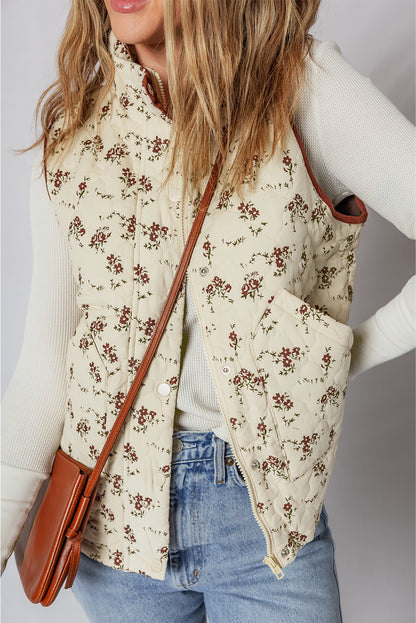 Apricot Floral Print Zip Up Quilted Vest