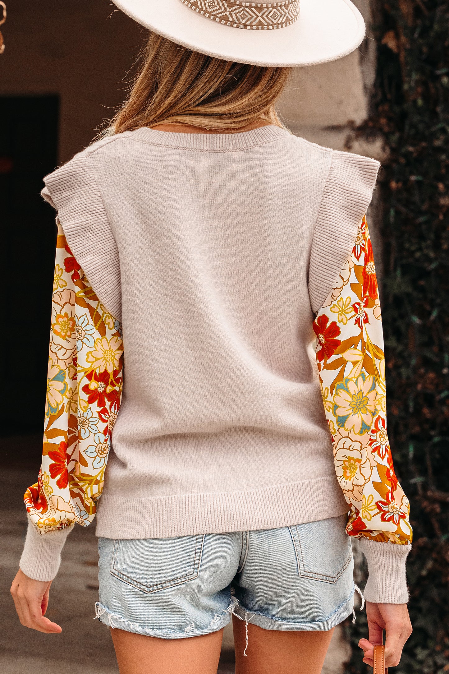 Parchment Cable Knit Ruffle Detail Contrast Floral Sleeve Patchwork Sweater