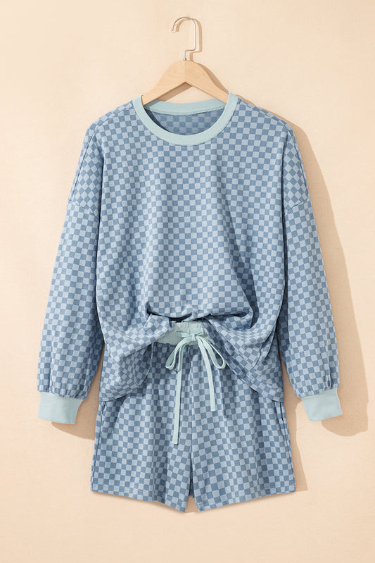 Sky Blue Checkerboard Long Sleeve Pullover and Shorts Set