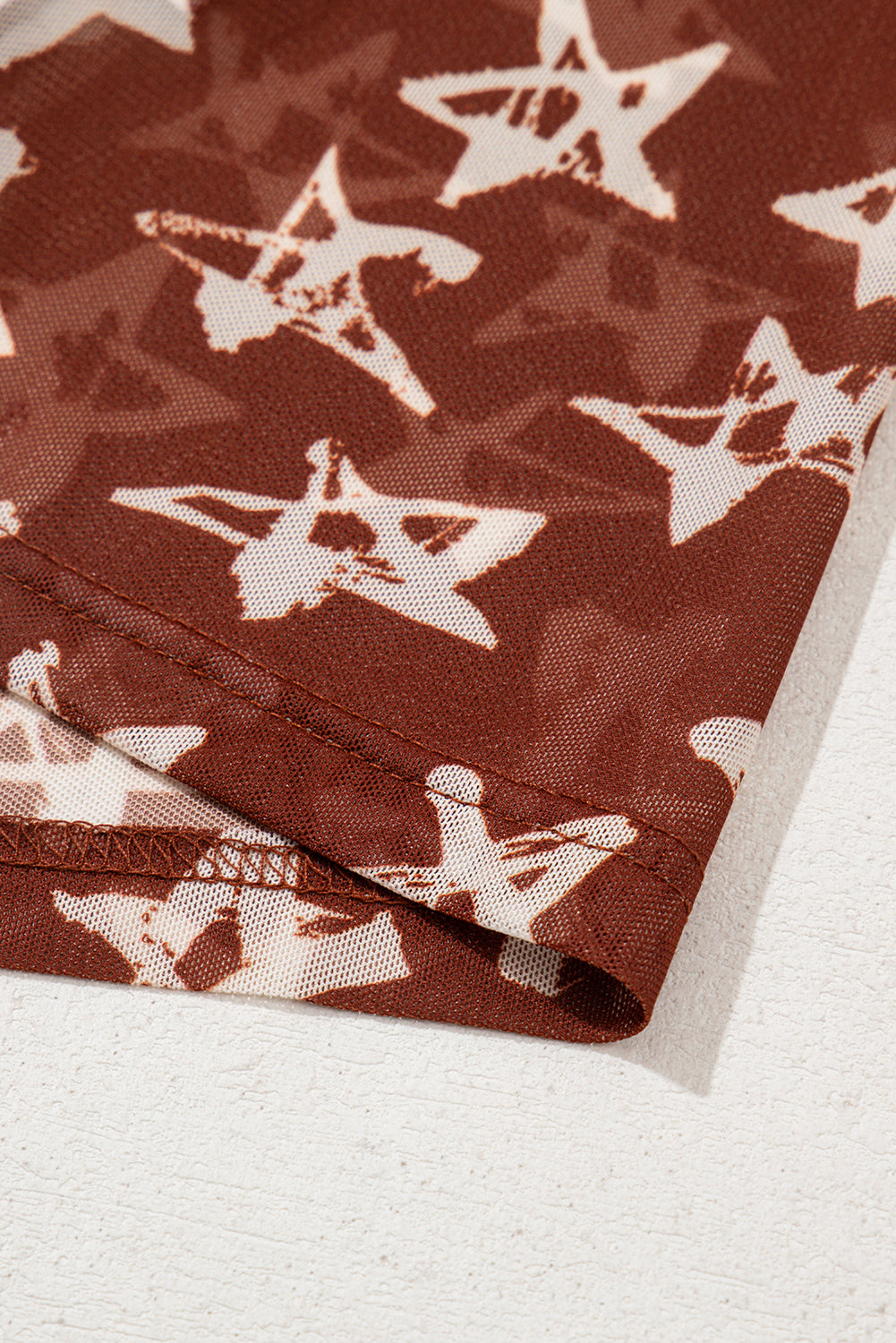 Red Mesh Star Print Mock Neck Sheath Long Sleeve Top