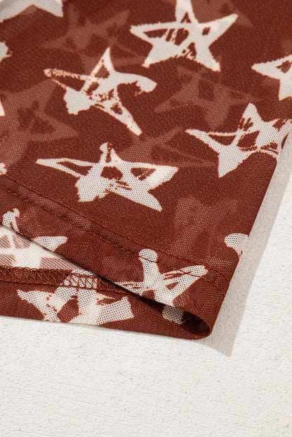 Red Mesh Star Print Mock Neck Sheath Long Sleeve Top