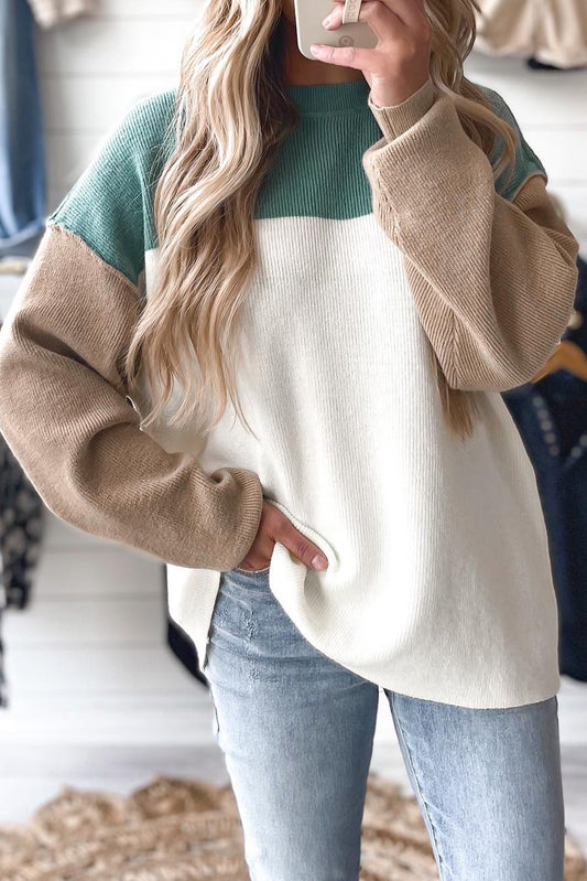 Green Color Block Plain Ribbed Knit Baggy Sweater