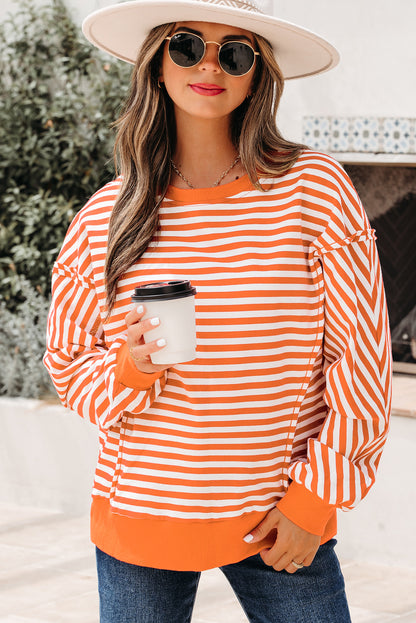 Orange Stripe Exposed Seam Drop Shoulder Casual Pullover Top