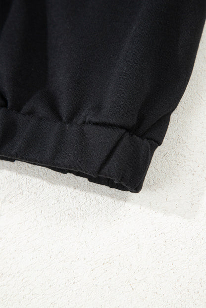 Black Color Block Patchwork Half Button Pullover and Shorts 2pcs Outfit