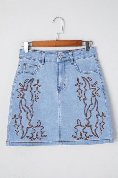 Beau Blue Western Embroidered Denim Mini Skirt