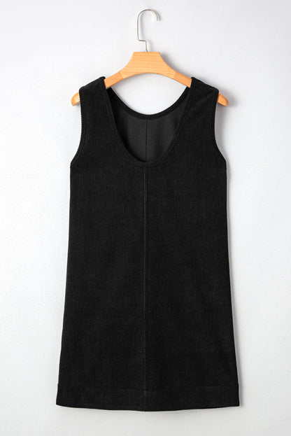 Black Corduroy Sleeveless Mini Dress With Patched Pockets