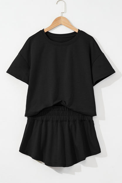 Black two piece Cropped Tee and Ruffle High Waist Skort Set