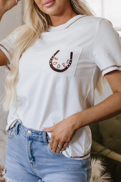 White RODEO Horseshoe Embroidered Patch Pocket T Shirt