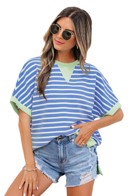 Sky Blue Stripe Contrast Trim Loose Short Sleeve Top