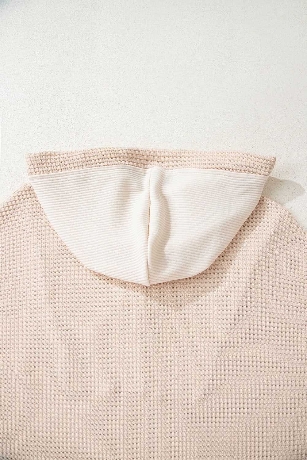 Oatmeal Waffle Patchwork Drop Shoulder Hooded Long Sleeve Top