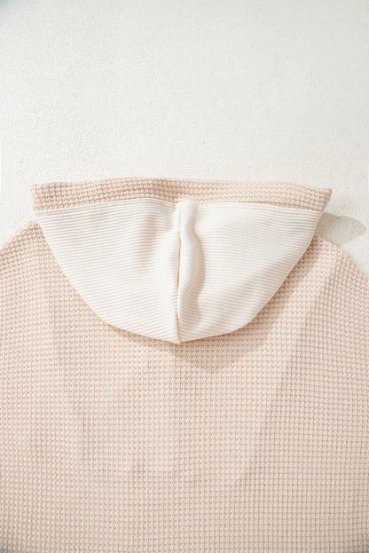 Oatmeal Waffle Patchwork Drop Shoulder Hooded Long Sleeve Top