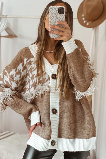Khaki Houndstooth Color Block V Neck Raw Edge Button Front Cardigan