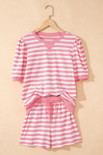 Pink Stripe Puff Short Sleeve T Shirt Matching Shorts Set