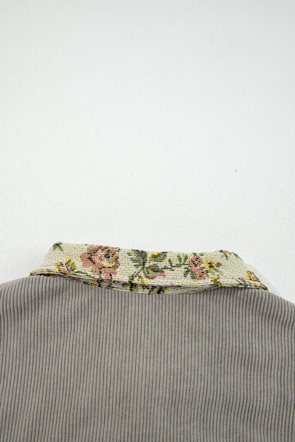 Medium Grey Ribbed Retro Floral Patchwork Shirt Style Jacket