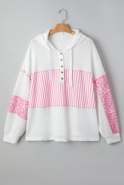 Pink Stripe Leopard Patchwork Waffle Knit Buttoned Plus Size Hoodie