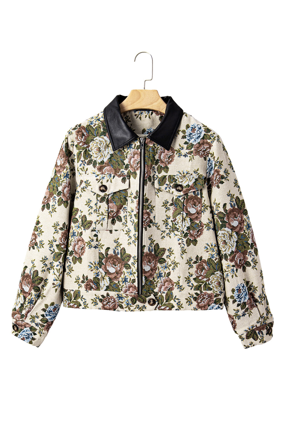 Khaki Floral Print Zip Up Contrast Collared Jacket