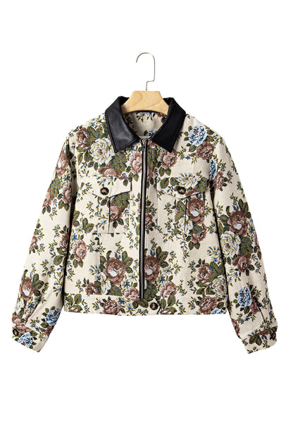 Khaki Floral Print Zip Up Contrast Collared Jacket