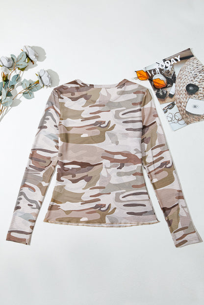Green Western Fashion Camouflage Print Mesh Long Sleeve Top