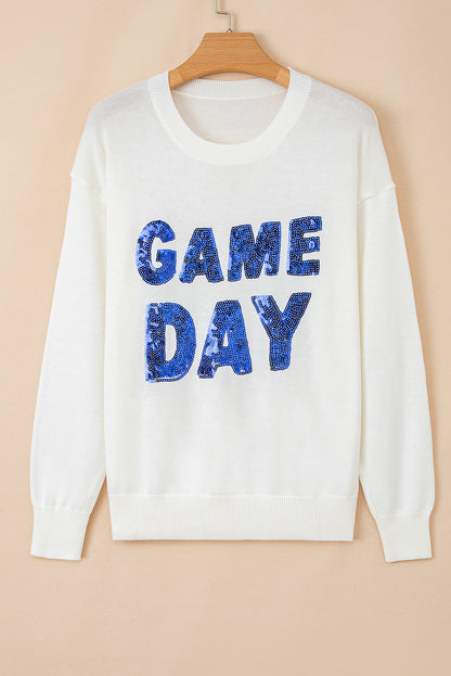 White Sequined GAME DAY Graphic Round Neck Sweater