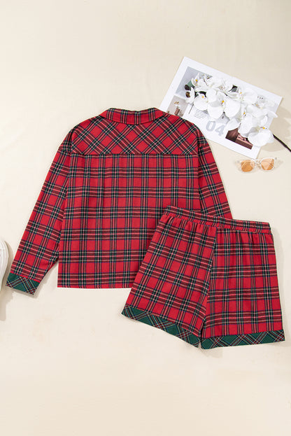 Red Plus Size Plaid Contrast Patchwork Long Sleeve Shirt and Shorts 2pcs Pajama Set