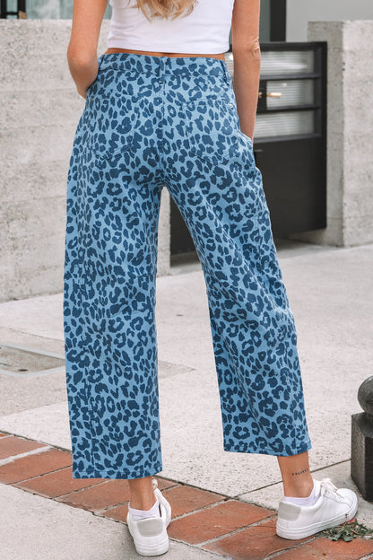 Sky Blue Leopard Print Straight Loose Jeans