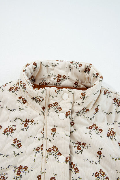 Apricot Floral Print Zip Up Quilted Vest