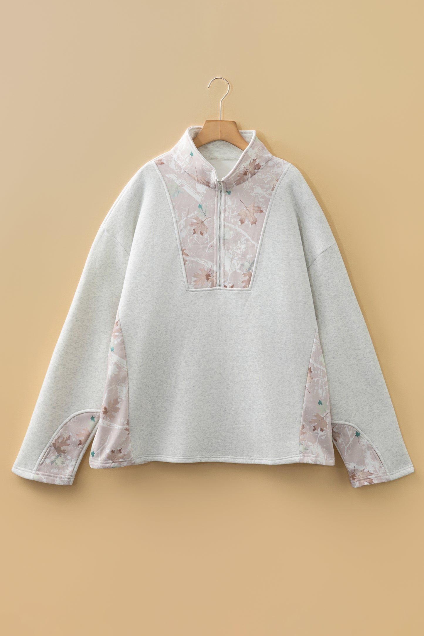 Gray Camo Leaves Patchwork Zipped Collar Pullover Plus Size Sweatshirt