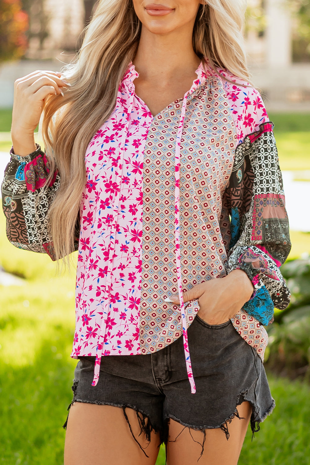 Pink Boho Mixed Floral Drop Shoulder Bubble Sleeve Blouse