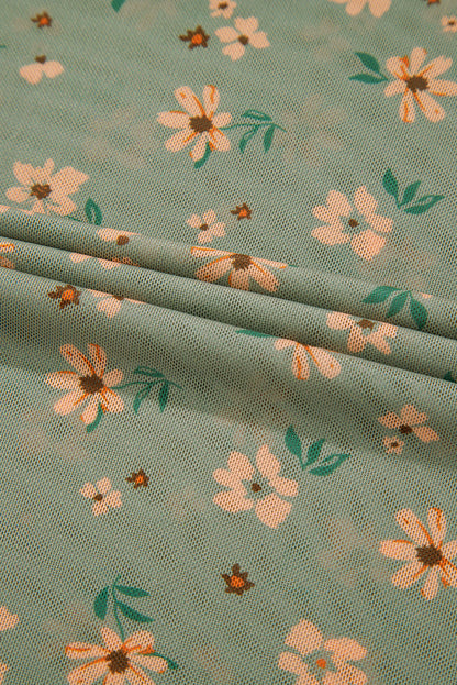 Laurel Green Vintage Floral Print Southern Style Mesh Long Sleeve Top