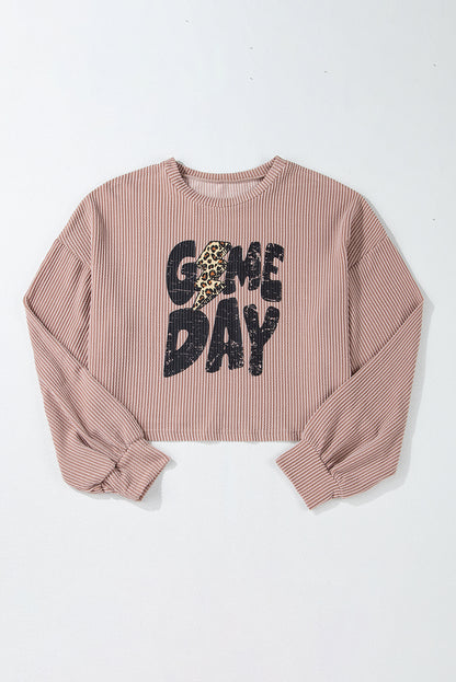 Khaki Game Day Graphic Crop  Football Knit Top