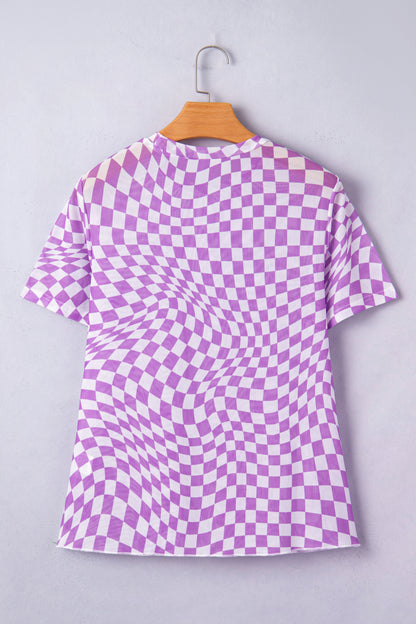 Purple Checkered Print Mock Neck Mesh T Shirt