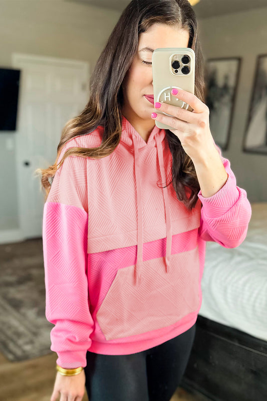Pink Textured Color Block Pocket Drop Shoulder Hoodie