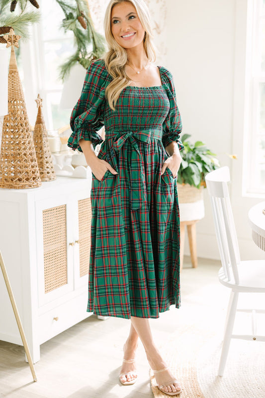 Green Tartan Plaid Square Neck Puff Sleeve Knot Waist Flared Midi Dress