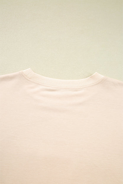 Beige Raw Edge Flower Patch Drop Shoulder Casual Top